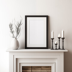 Black Frame mockup, white wall, Interior , neutral tones, modernd  background, candles, flower in pot, fireplace, TV Art, sofa, couch, indoor, lounge, comfortable, table, candles, vase, flower, firepl