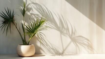 a plant on a white wall with shadows