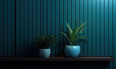 a room in dark blue with two potted plants