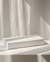 High fidelity mockup of a Rectangular white cardboard box package, minimal design branding