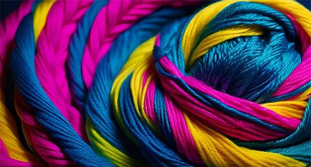 Multi-colored threads or Multi-colored coil or rope of wool yarn