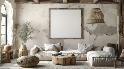 3D render of a sleek and modern poster blank frame in a rustic farmhouse living room with distressed wood accents