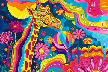 psychedelic giraffe with rainbows, childish illustration, vibrant colors