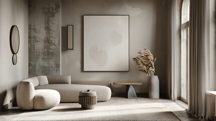 3D render of a sleek and modern poster blank frame in a Scandinavian minimalist living room with clean lines and natural materials
