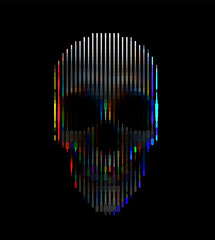 Vector line art skull.  Digital glitch art with pixelated stripes . Dark futuristic concept with blue, red and yellow neon glowing effects.