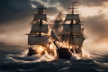 Fototapeta premium Historical painting of Sea battle in late 18th early 19th century, Ships ablaze, created with Generative AI technology