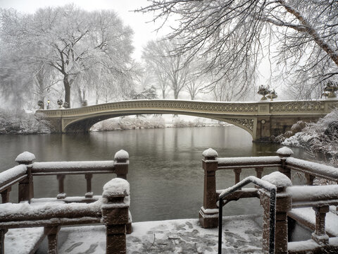 Bow bridge during snow storm