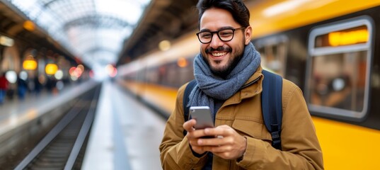 Cheerful bearded man using smartphone at busy train station, with space for text or graphics
