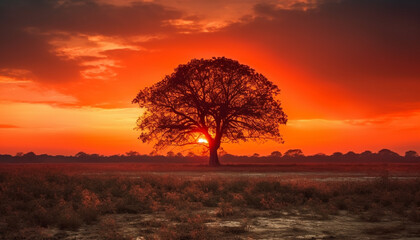 Silhouette of acacia tree in golden sunset generated by AI