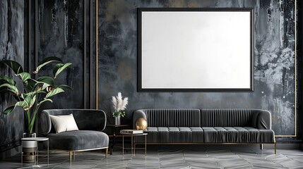 3D render of a sleek and modern poster blank frame in a contemporary glam living room with velvet upholstery and metallic accents