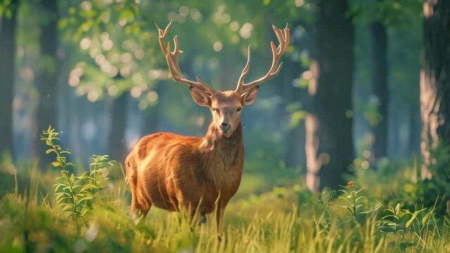 whitetail deer standing in autumn wood. 4k video animation