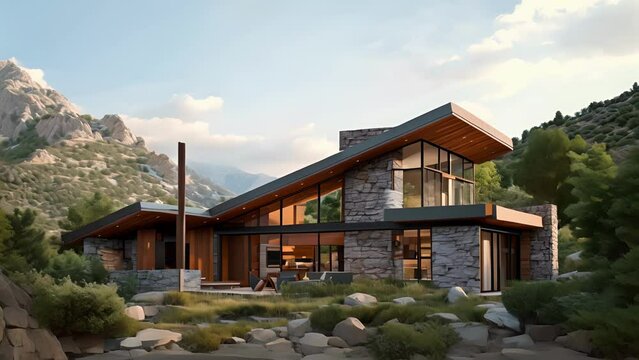 Set against a backdrop of rugged peaks this mountain modern home boasts a sleek and minimalist design using a combination of stone wood and metal materials. The abundance