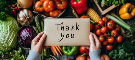 Volunteers holding thank you sign over donation box filled with essential groceries