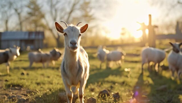 goats at the farm on a sunny day. 4k video animation