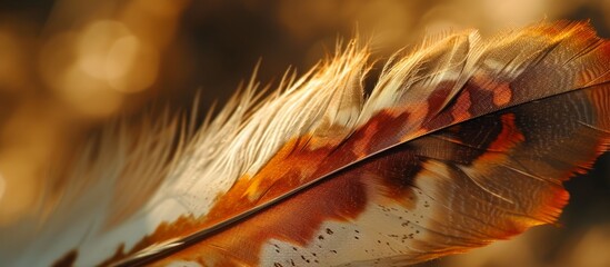 A macro photography shot capturing the intricate pattern and vibrant colors of a feather on a...