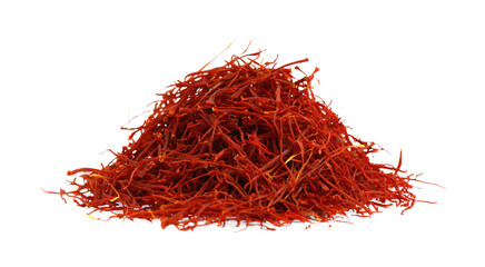 Pile of dried red saffron isolated on white