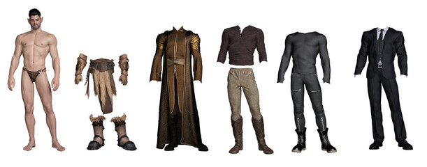 3d render : fantasy handsome male elf paper doll with different outfit for graphic resource,PNG transaprent © Tritons