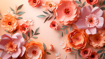 A whimsical setting adorned with peach-colored paper flowers, offering an open area for creative text or greeting card designs. Suitable for International Women's Day and Mother's Day tributes