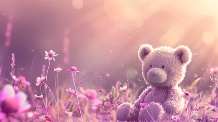 Keuken spatwand met foto teddy bear on a gentle blurred floral background © Outlander1746