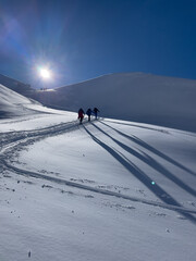 Scenes backcountry skiing near Verbier, Switzerland, in the Alps with ski touring