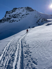 Scenes backcountry skiing near Verbier, Switzerland, in the Alps with ski touring