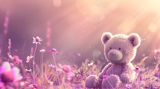 teddy bear on a gentle blurred floral background
