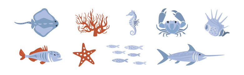Sea Animals and Marine Creature Floating in Ocean Vector Set