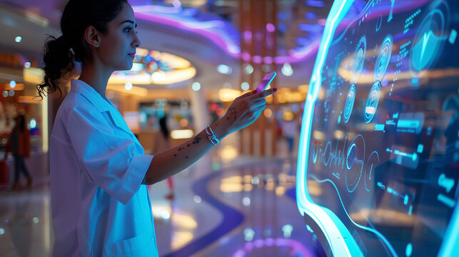 A nurse in a beautifully designed shopping center offering health tips via an interactive marketing kiosk under luxurious futuristic lighting