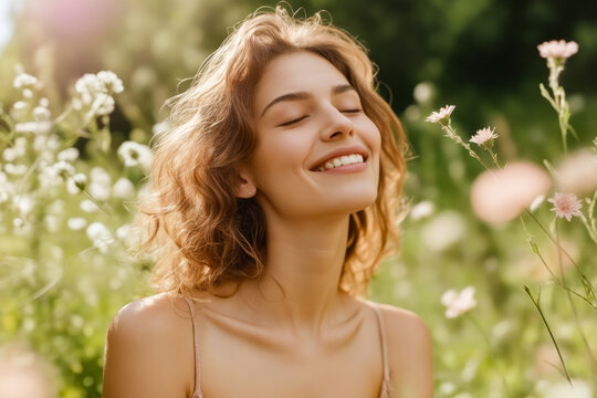 Woman with her eyes closed and smile on her face is surrounded by flowers.