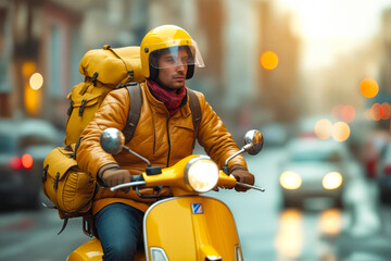 Man wearing yellow helmet rides moped in the rain.