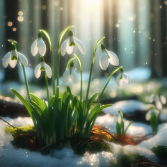 snowdrop flowers against the background of melting snow in the forest