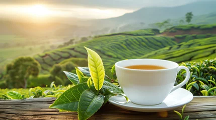 Foto op Canvas white mug of hot tea and fresh green tea leaves on the background of a tea plantation at sunset © Александр Довянский