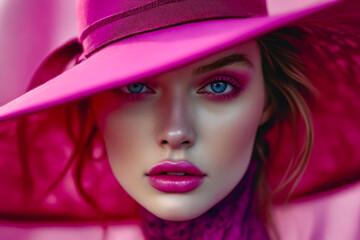 Woman wearing pink hat and makeup to match.