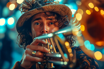 Man with long hair plays trombone while wearing straw hat. - obrazy, fototapety, plakaty