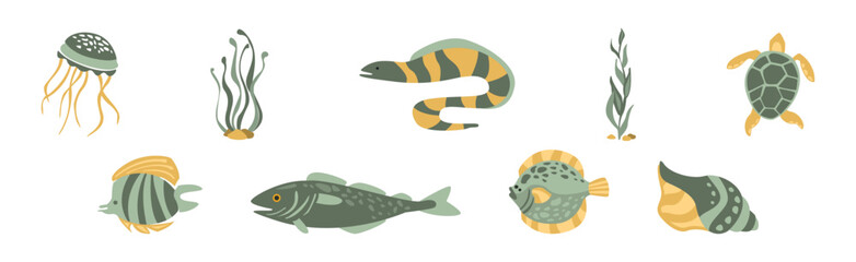 Sea Animals and Marine Creature Floating in Ocean Vector Set