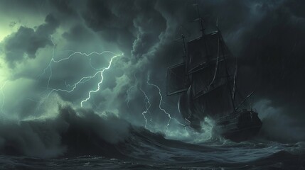 A ship with black sails in the storm at sea - obrazy, fototapety, plakaty