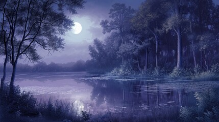 Fototapeta premium A purple sky with a full moon above a lake in the forest