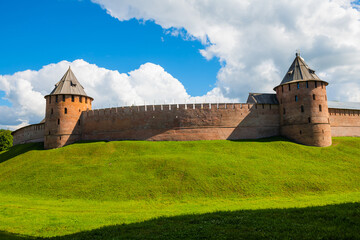 Towers and walls of Veliky Novgorod Kremlin (Novgorod Detinets). Sunny summer day. Russia - obrazy, fototapety, plakaty