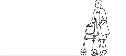 continuous single line drawing of senior woman walking with a rollator, line art vector illustration