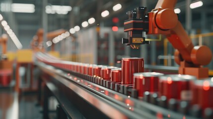 A close-up of a high-tech industrial production line for canned products with a single row of shiny red metal cans moving along a conveyor belt
