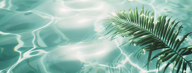 Fototapeta na wymiar Water surface background with wave and palm leaf