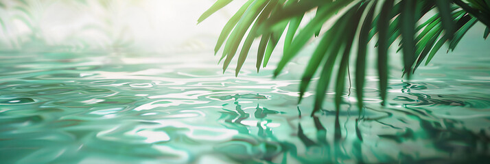 Water surface background with wave and palm leaf - obrazy, fototapety, plakaty