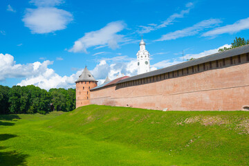 Tower and wall of Veliky Novgorod Kremlin (Novgorod Detinets). Sunny summer day. Russia - 740700451