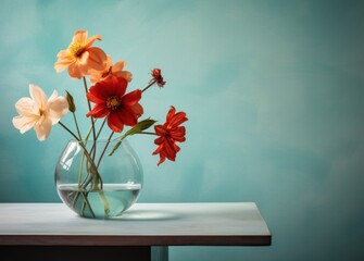 flowers in a glass cup on a table against blue background