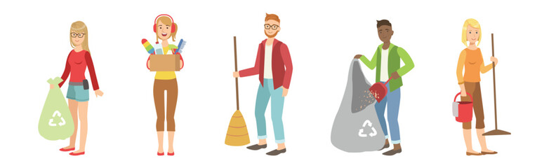 Eco Volunteers Man and Woman Collecting Garbage Vector Set