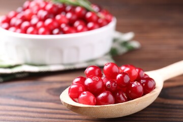 Fresh ripe cranberries on wooden table, closeup