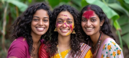 Joyful people covered in colorful holi powder embracing happily at holi festival celebration