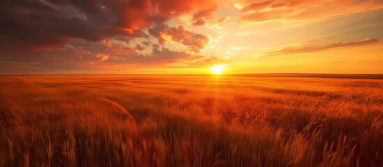 As the sun sets, casting a warm orange glow over the tall grass field, the sky transitions into a beautiful afterglow of red and orange hues