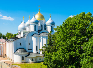 Fototapeta na wymiar Cathedral of St. Sophia in sunny summer day. Novgorod Detinets (Novgorod Kremlin). Veliky Novgorod. Russia
