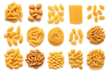 Pasta and macaroni set top view, dry penne, fusilli, rigatoni, conchiglie, farfalle, chiferri isolated on white background